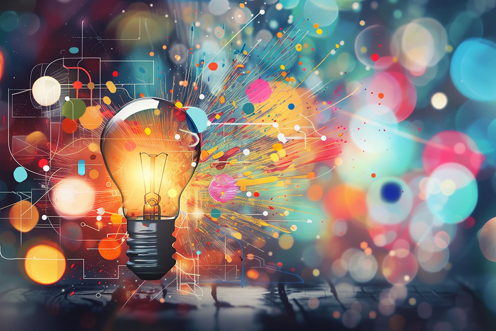 Glühbirne die bunte Strahlen versprüht