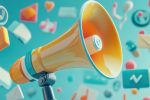 Orangenes Megaphone im Hintergrund viele Icons und Symbole.