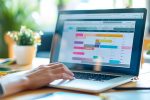 Computerbildschirm mit digitalem Planer, Termine in verschiedenen Farben markiert.