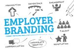 Employer Branding umgeben von Symbolen für Engagement, Talent und Kommunikation.