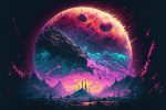Fantasiewelt mit riesigem, farbigem Mond am Himmel.